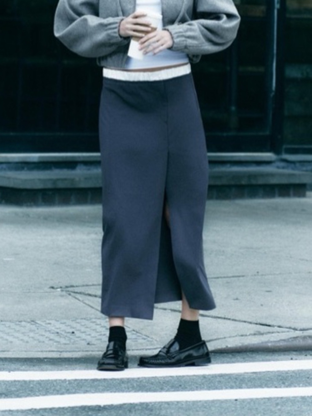 Zara Pencil Midi Skirt Gray with White Elastic Waistband